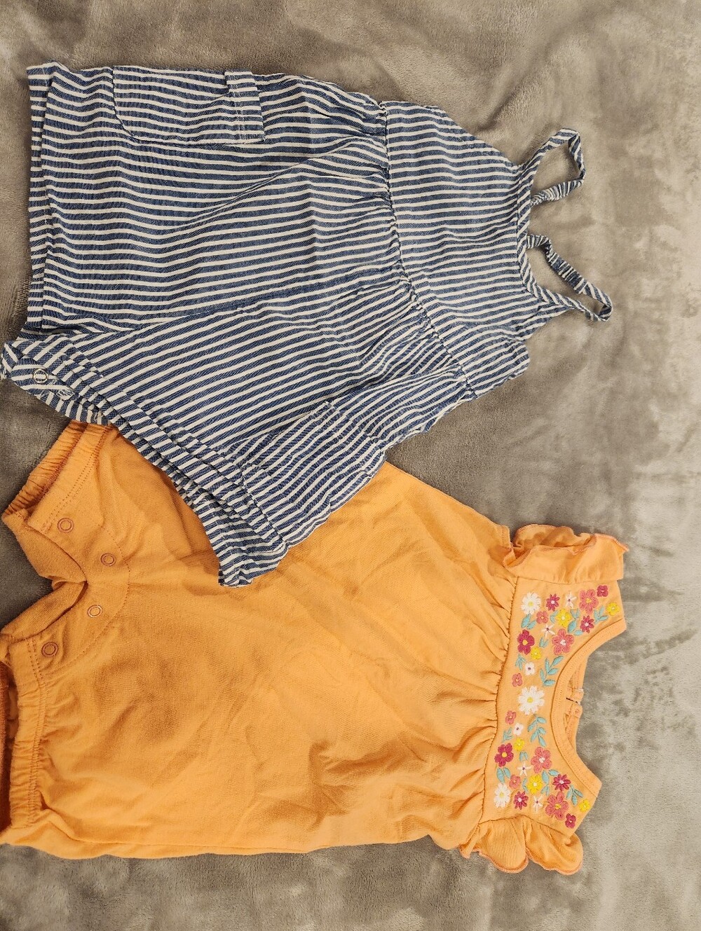 Striped Blue Romper & Orange Floral Baby Romper Set, Size 12-18M